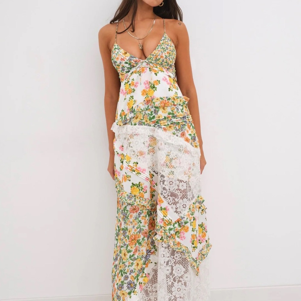 For Love And Lemons Floral High Low Dress - White and Yellow